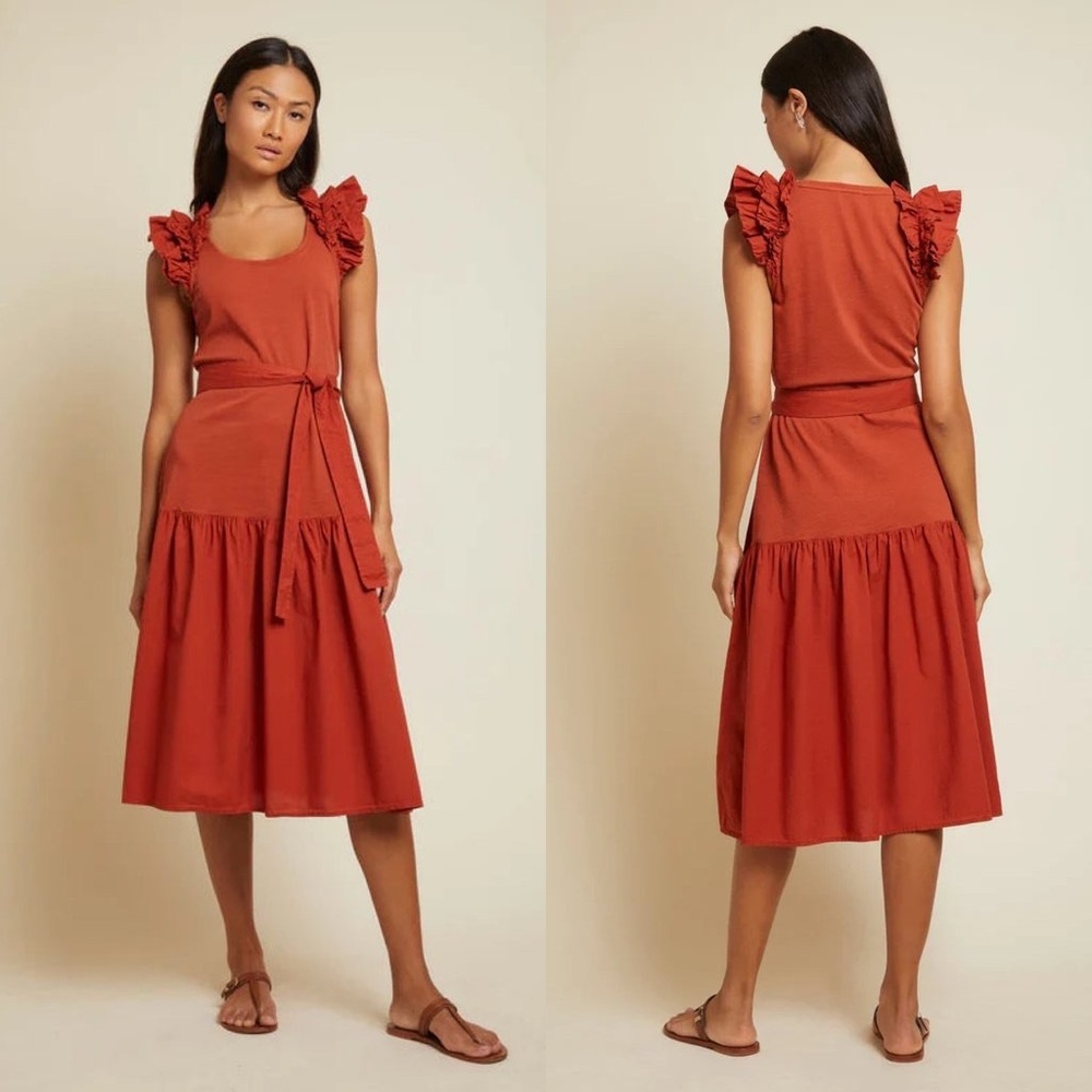Nation LTD‎ Burnt Orange Everleigh Cotton Tiered Belted Midi Dress XS